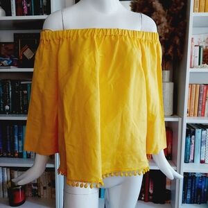 New Joan Vass Off The Shoulders tassel 3/4th Sleeve Fringed Trim Top P4694